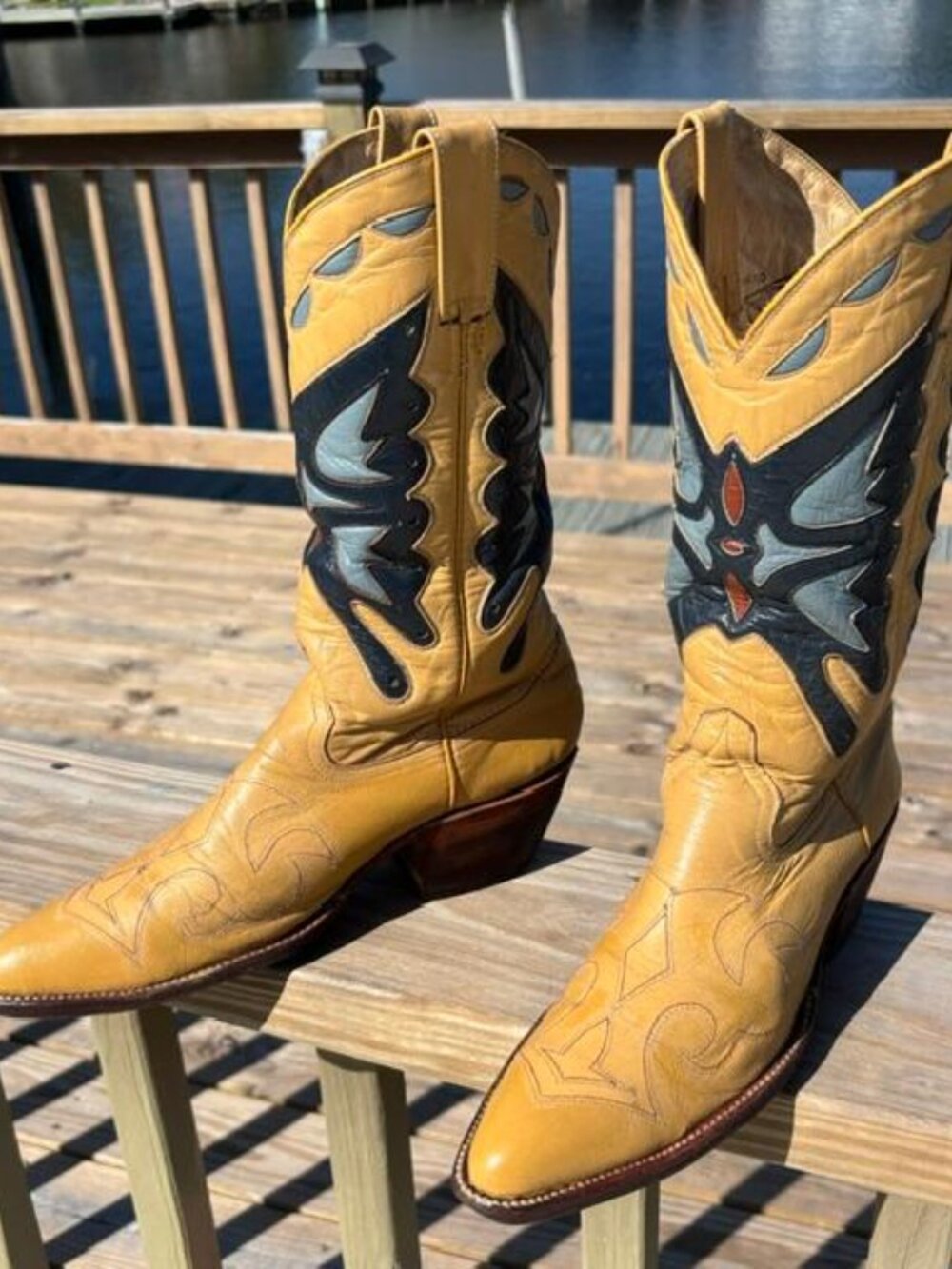Yellow Leather Western Heeled Boots with Navy and Light Blue Accent - Picture 2 of 14